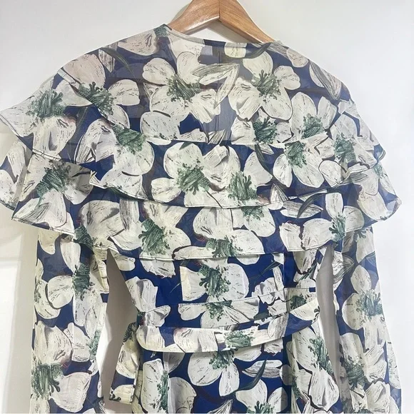 NWT Entro navy white Floral Wrap ruffle chiffon long sleeve Dress small - Picture 5 of 5